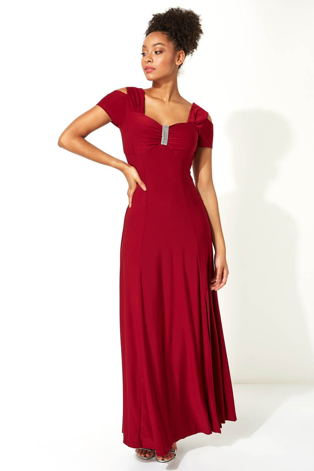 Roman Women's Diamante Cold Shoulder Maxi Dress|Size: 10|red
