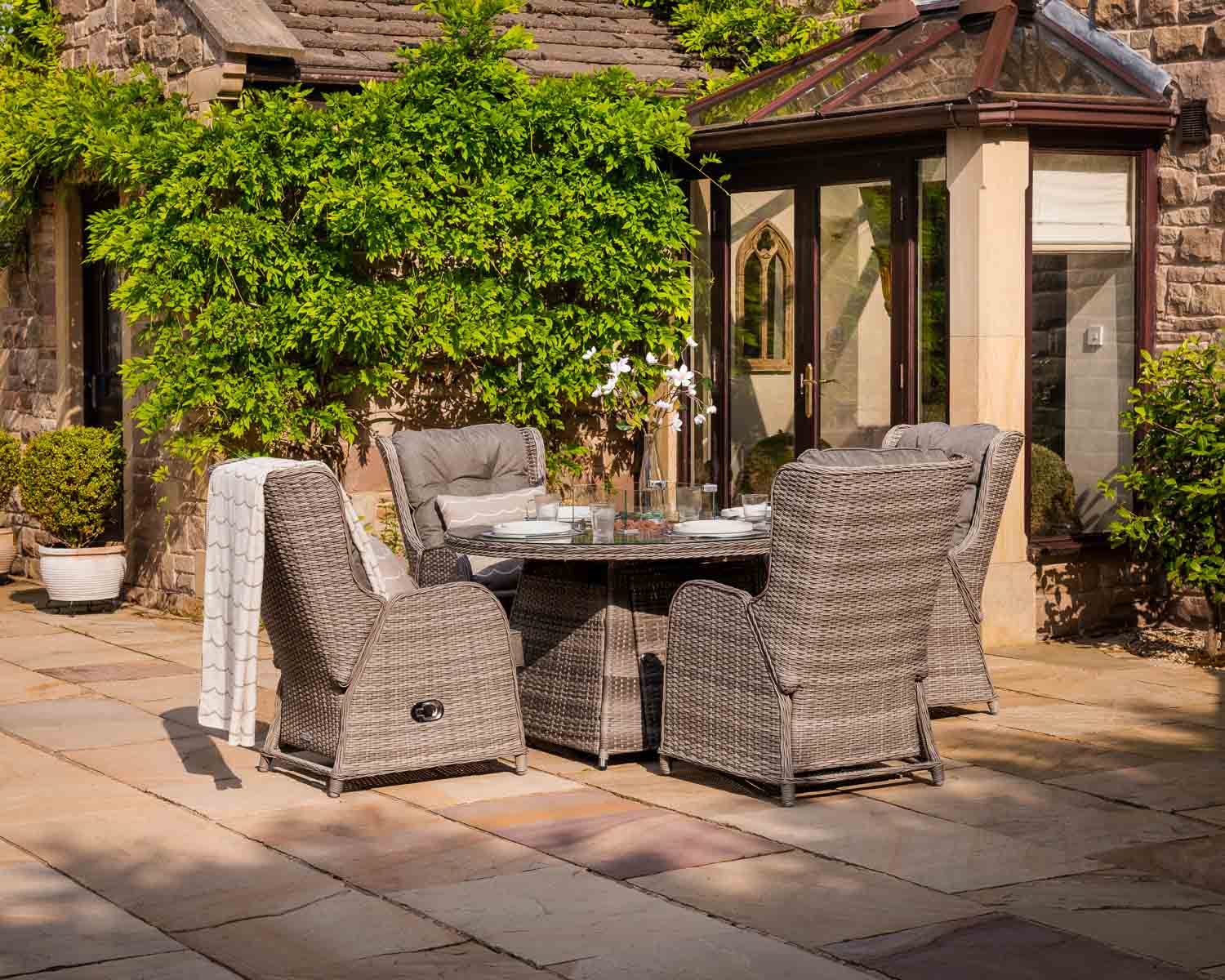 Rattan Direct Fiji 8 Reclining Rattan Garden Chairs &amp; Large Rectangular Fire Pit Dining Table in Grey