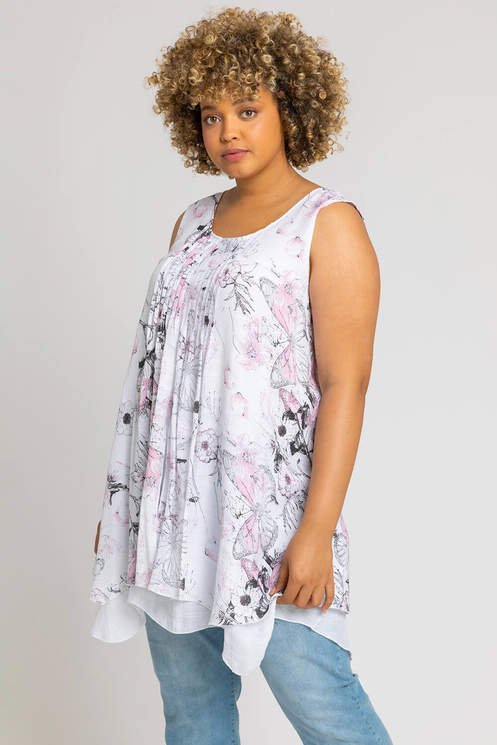 Roman Originals Curve Floral Print Layered Tunic Top in Pink