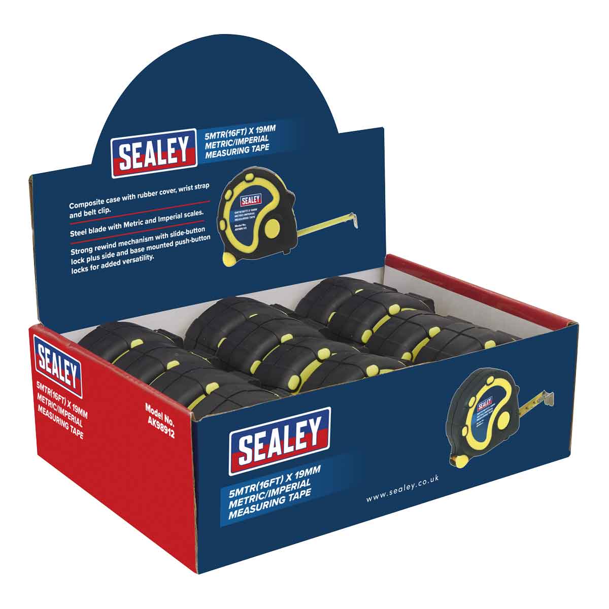 Sealey AK98912 Rubber Measuring Tape 5m(16ft) x 19mm Metric/Imperial Display Box of 12
