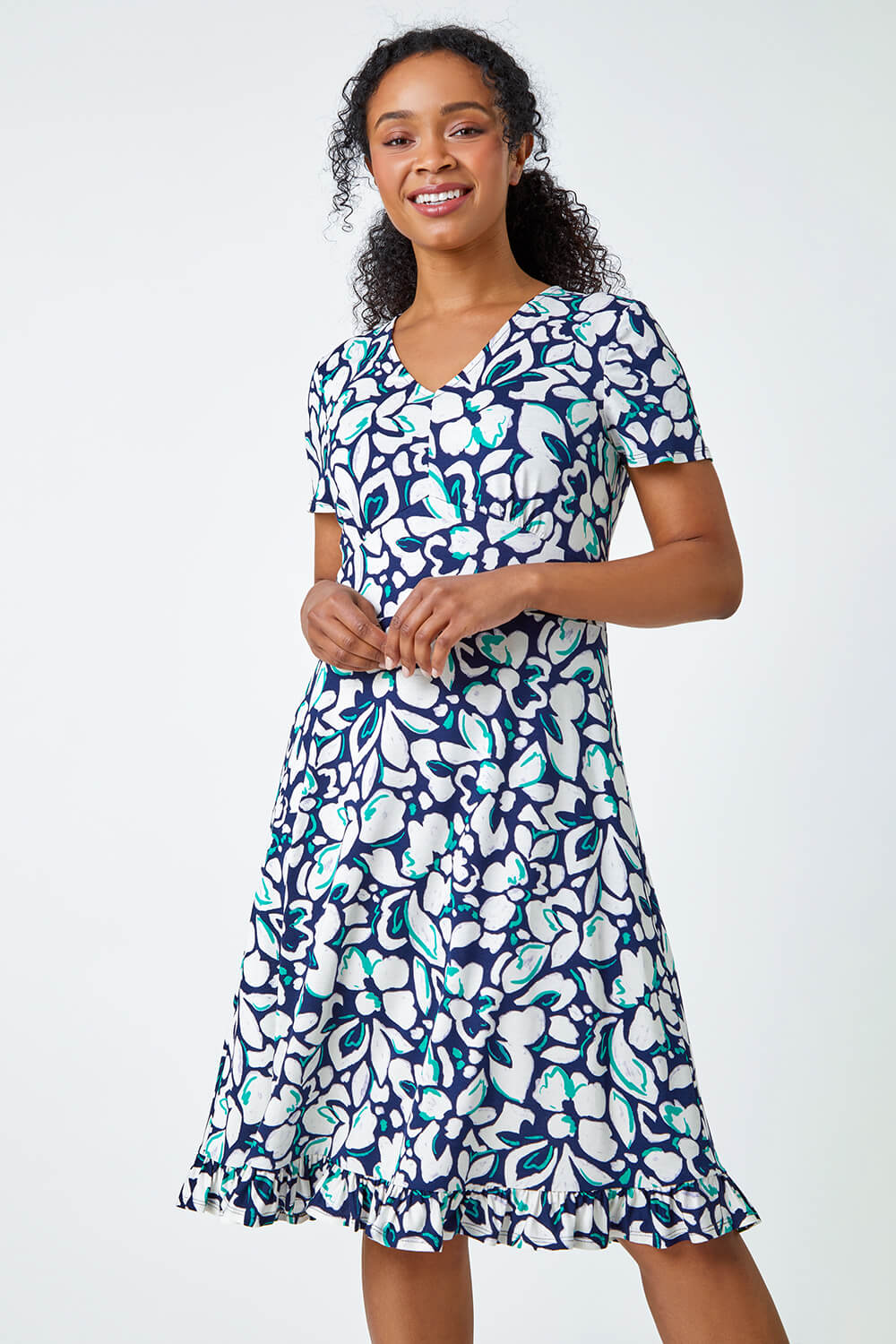 Roman Petite Floral Frill Hem Stretch Dress