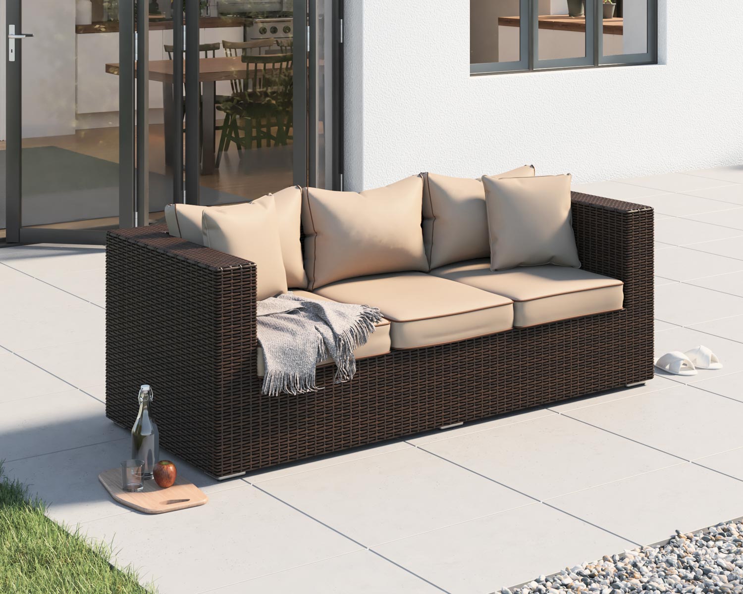 Ascot 3 Seat Rattan Garden Sofa in Chocolate Mix and Coffee Cream