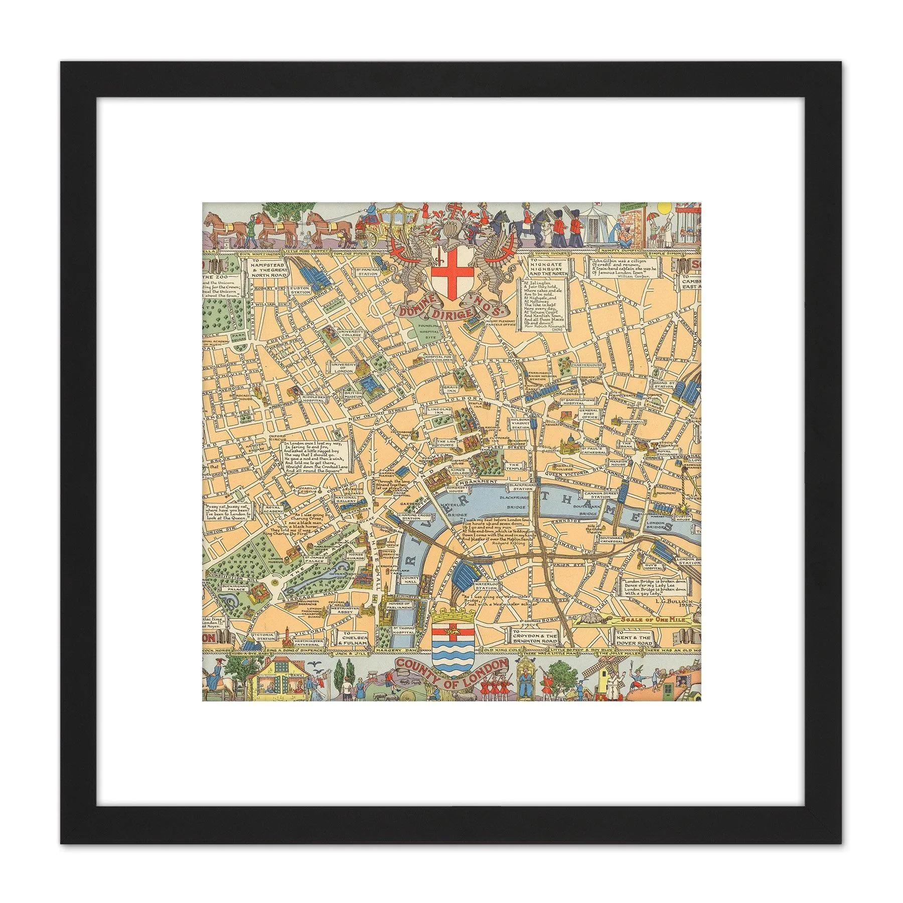 Artery8 1938 Childrens Map Of London 8X8 Inch Square Wooden Framed Wall Art Print Picture with Mount