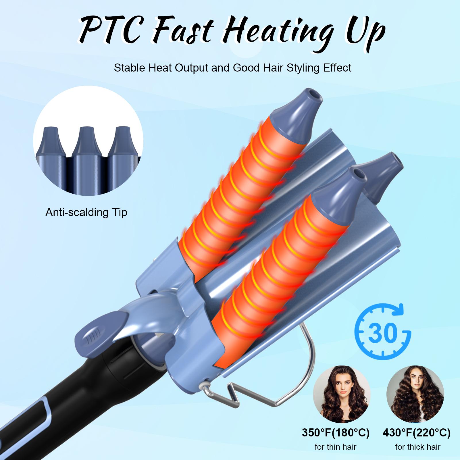 FunCouples Pretfy 3-IN-1 Hair Curler Set Hair Curling Iron Wand Hair Waver Temperature Adjustable LCD Temp UK Plug blue