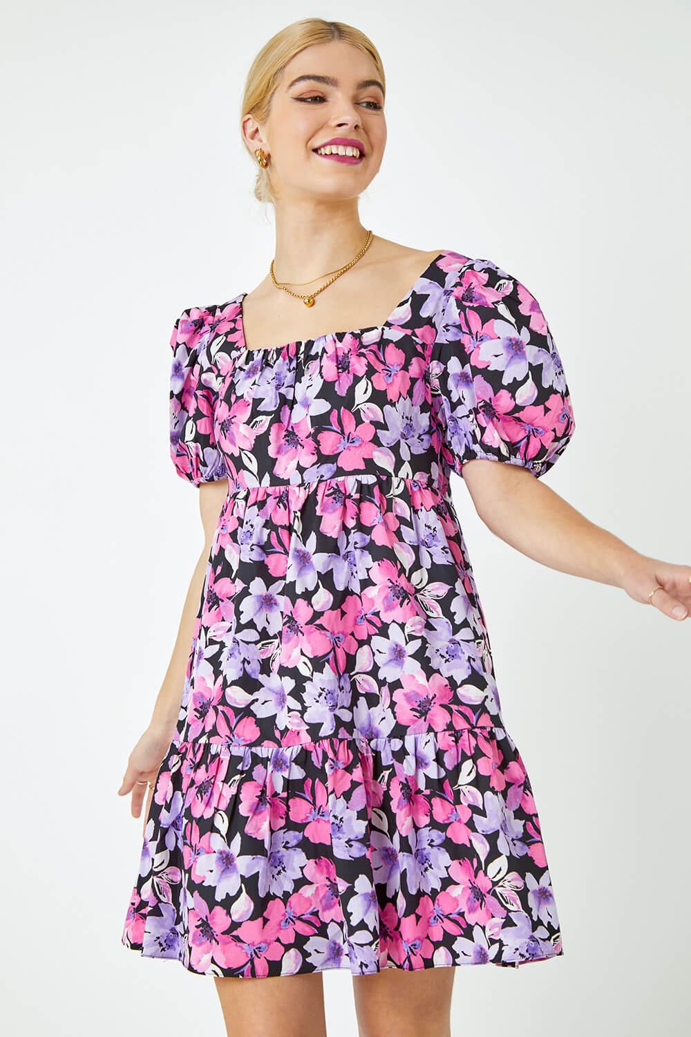 Roman Originals Floral Print Shirred Smock Dress in Pink