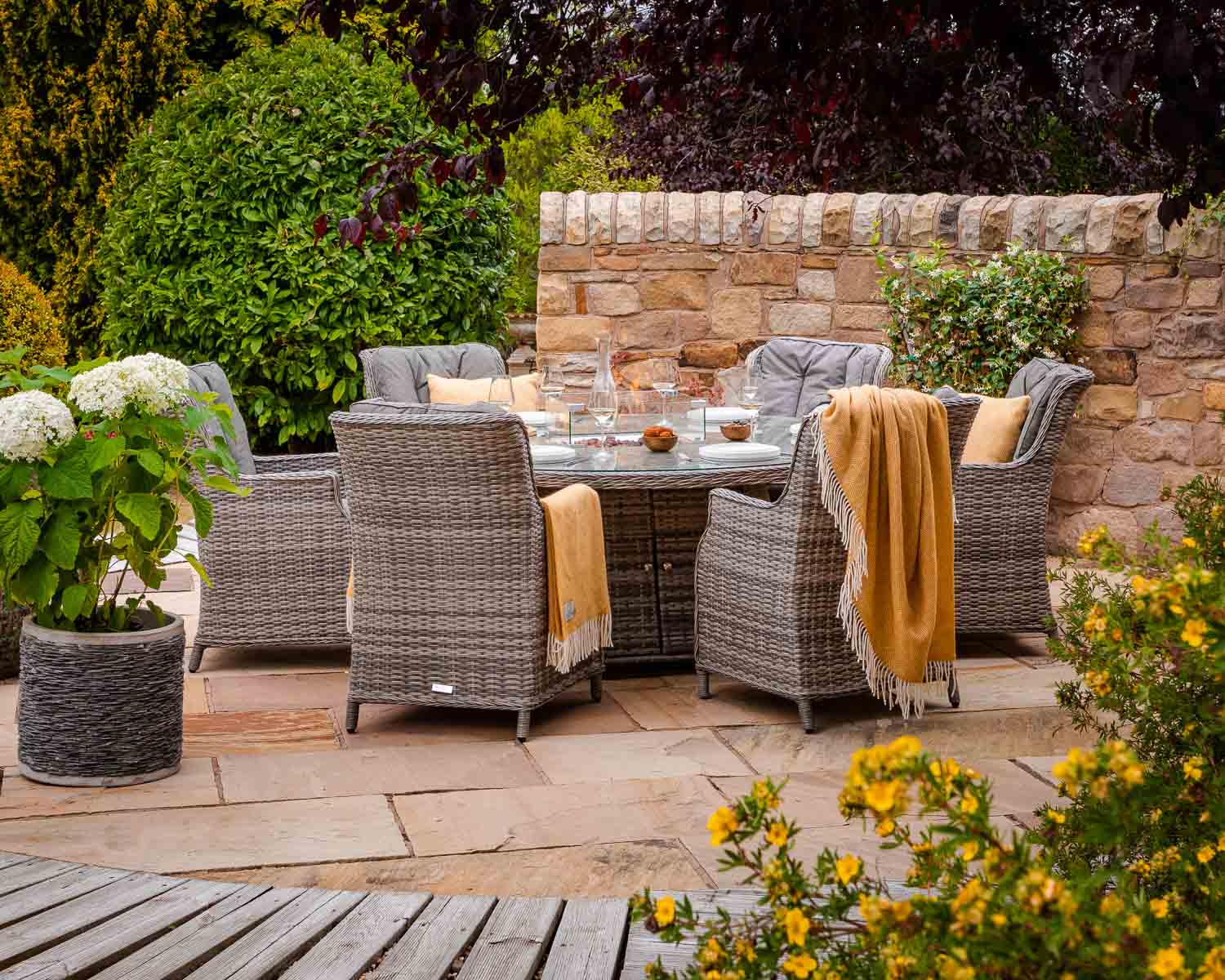 Rattan Direct Riviera 6 Rattan Garden Chairs &amp; Round Fire Pit Dining Table in Grey - Riviera