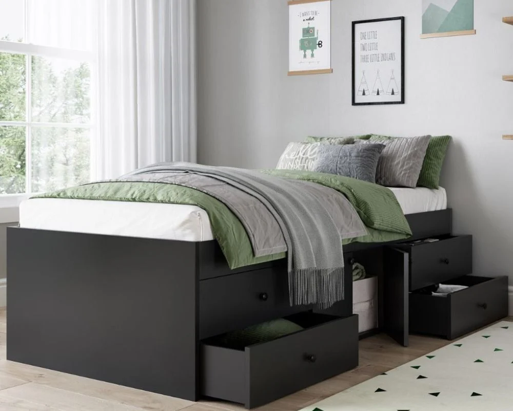 Happy Beds Arctic - Single - 4-Drawer Storage Cabin Bed - Black - Wooden - 3ft