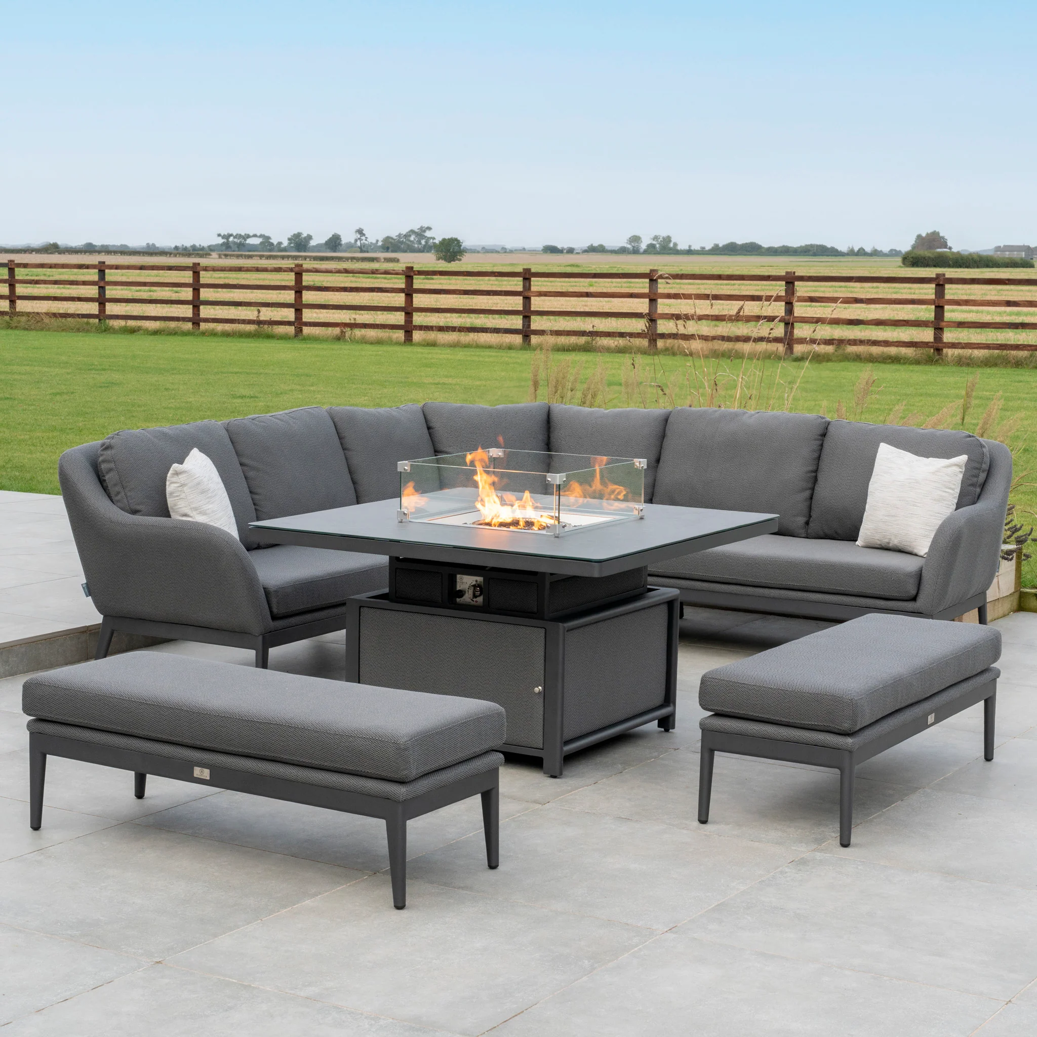 Harbour Lifestyle Luna Deluxe Outdoor Fabric Square Corner Dining Set with Rising Firepit Table