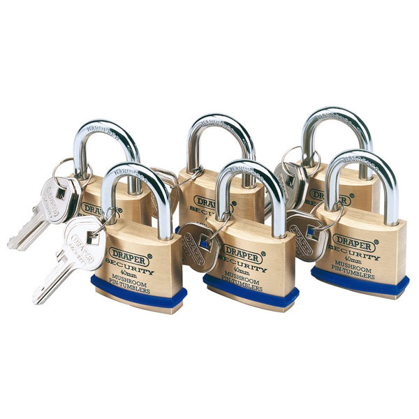Draper Solid Brass Padlocks with Hardened Steel Shackle, 40mm (Pack of 6)
