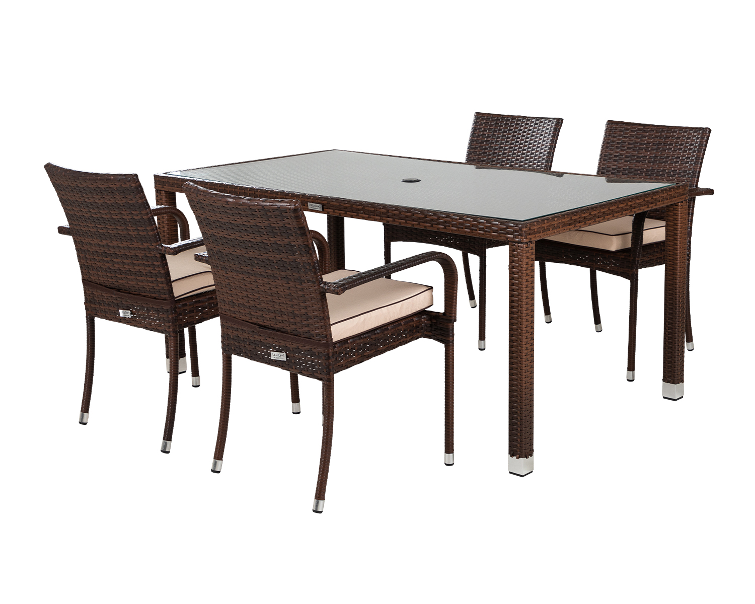 Dining Set Roma 4 Rattan Garden Chairs and Open Leg Rectangular Table Set in Chocolate Mix and Coffee Cream
