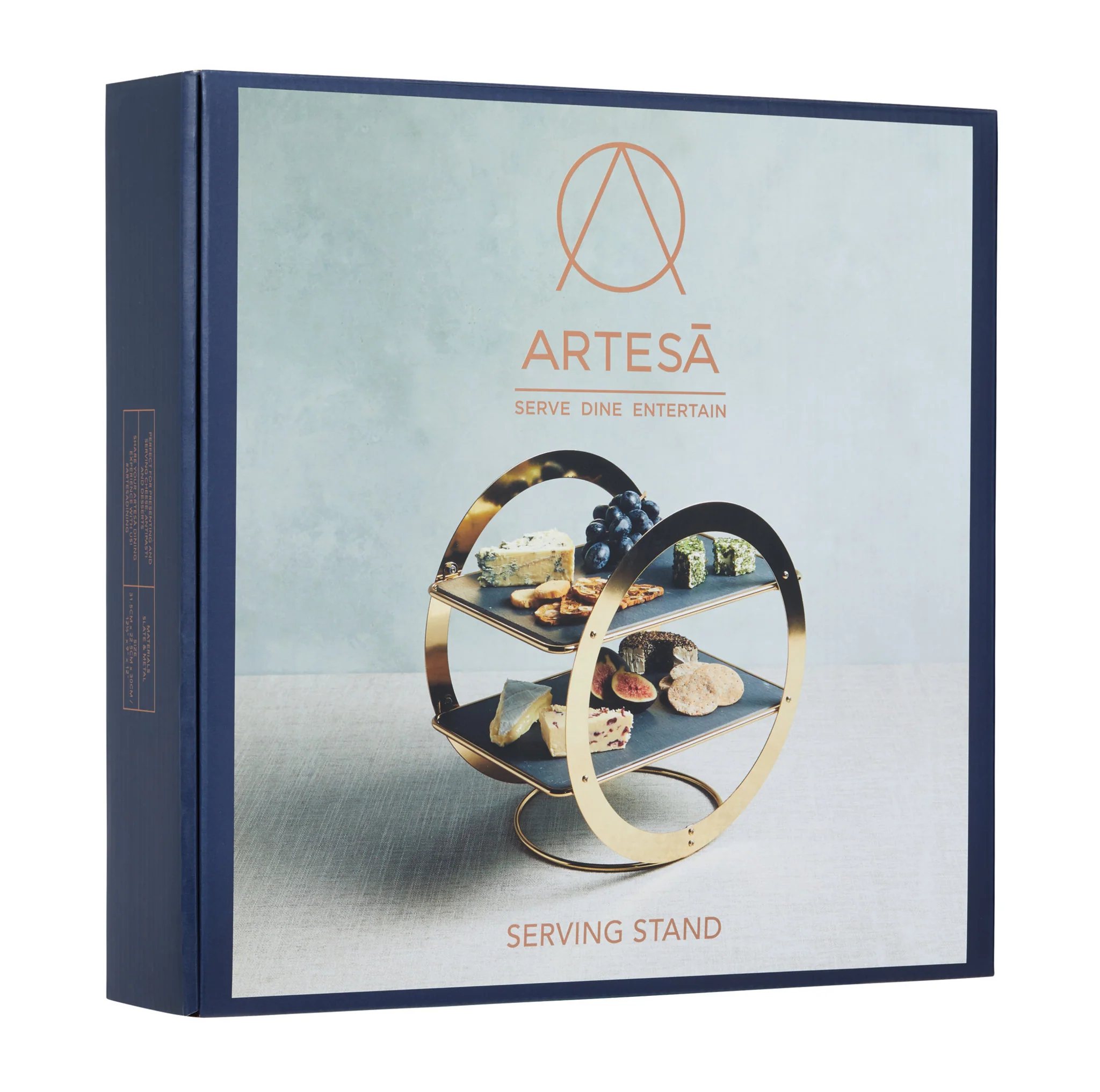 Artesa 2-Tier Geometric Brass-Finished Serving Stand with Slate Serving Platters|black