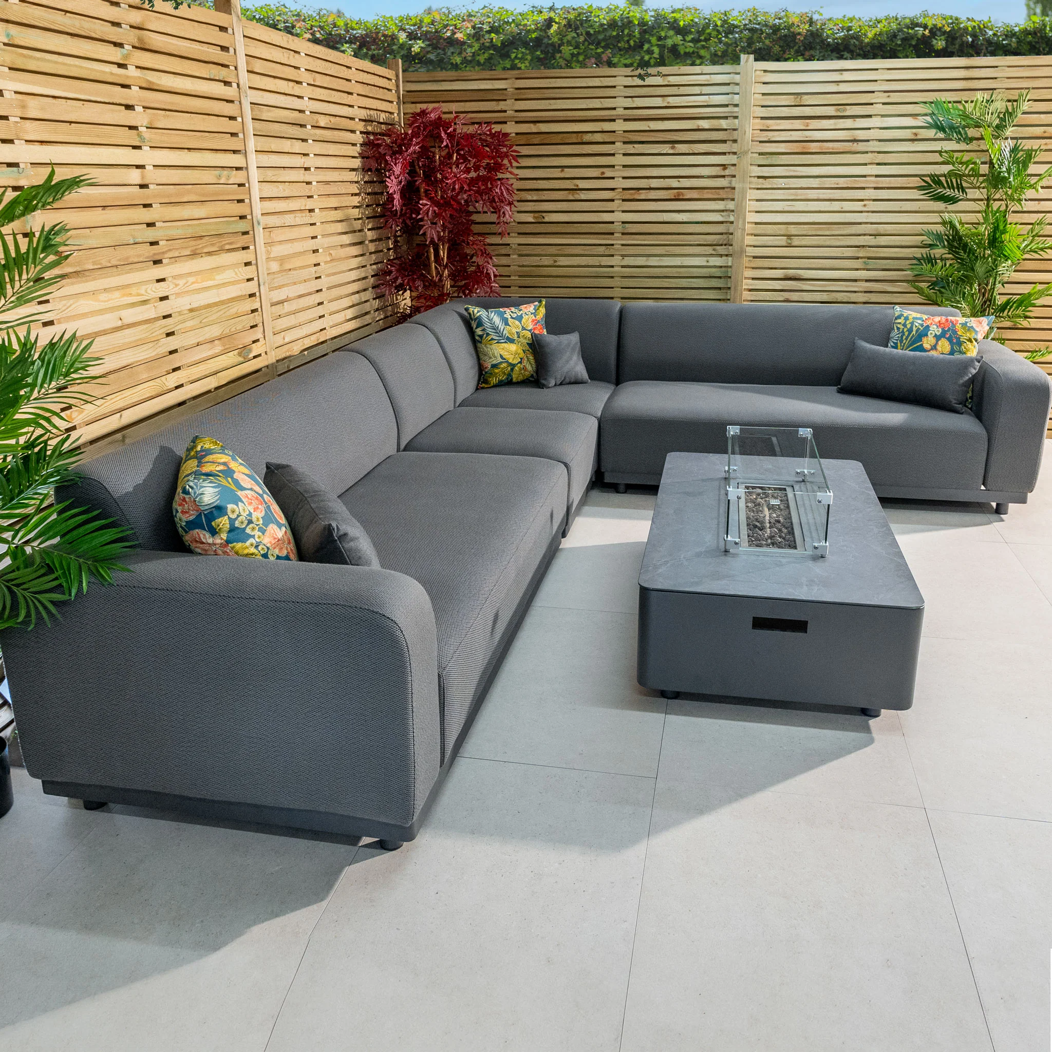 Luna Outdoor Fabric Corner Group Set with Firepit Coffee Table in Grey