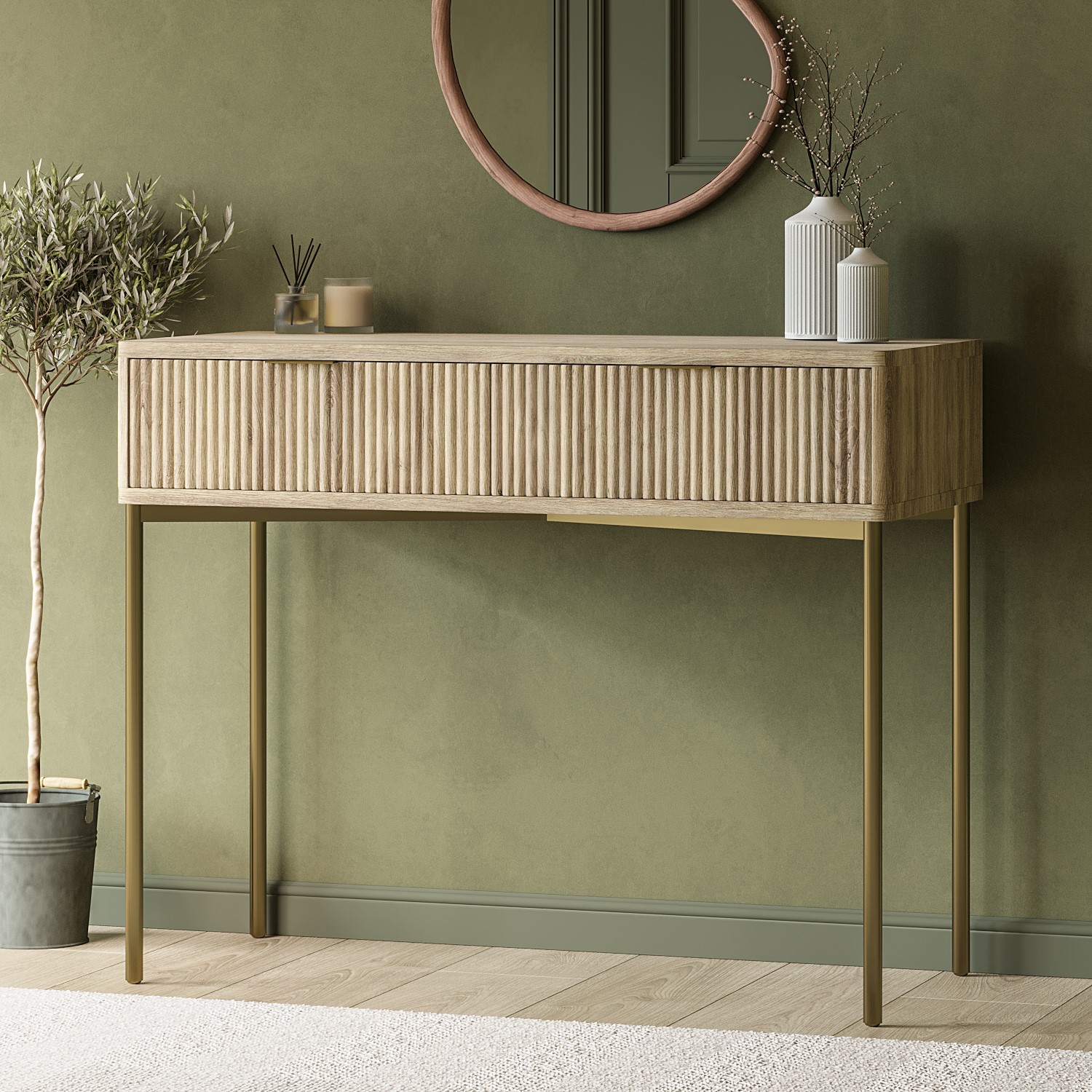 Valencia Oak and Gold Ribbed Dressing Table with Storage Drawers -
