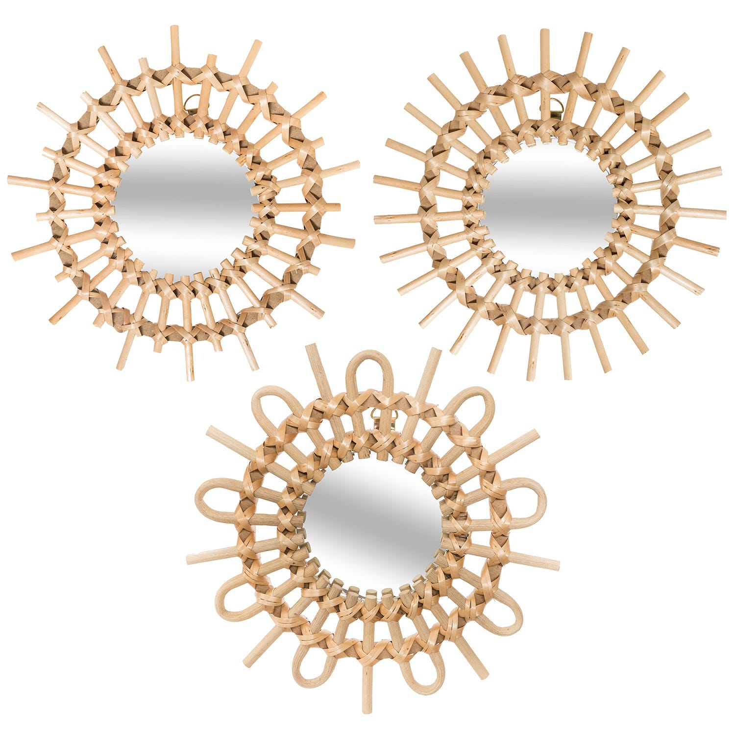 eminza Lot de 3 miroirs Soleil Rotin Beige