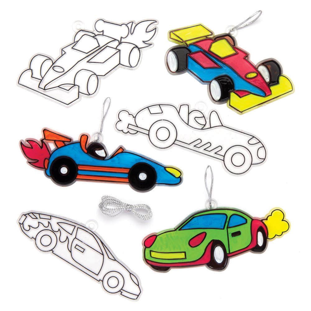Baker Ross Racing Car Craft Suncatchers - 8 Acrylic DIY Suncatchers. Suncatcher Painting For Kids. Stained Glass Suncatchers. Size 13cm x 5cm.