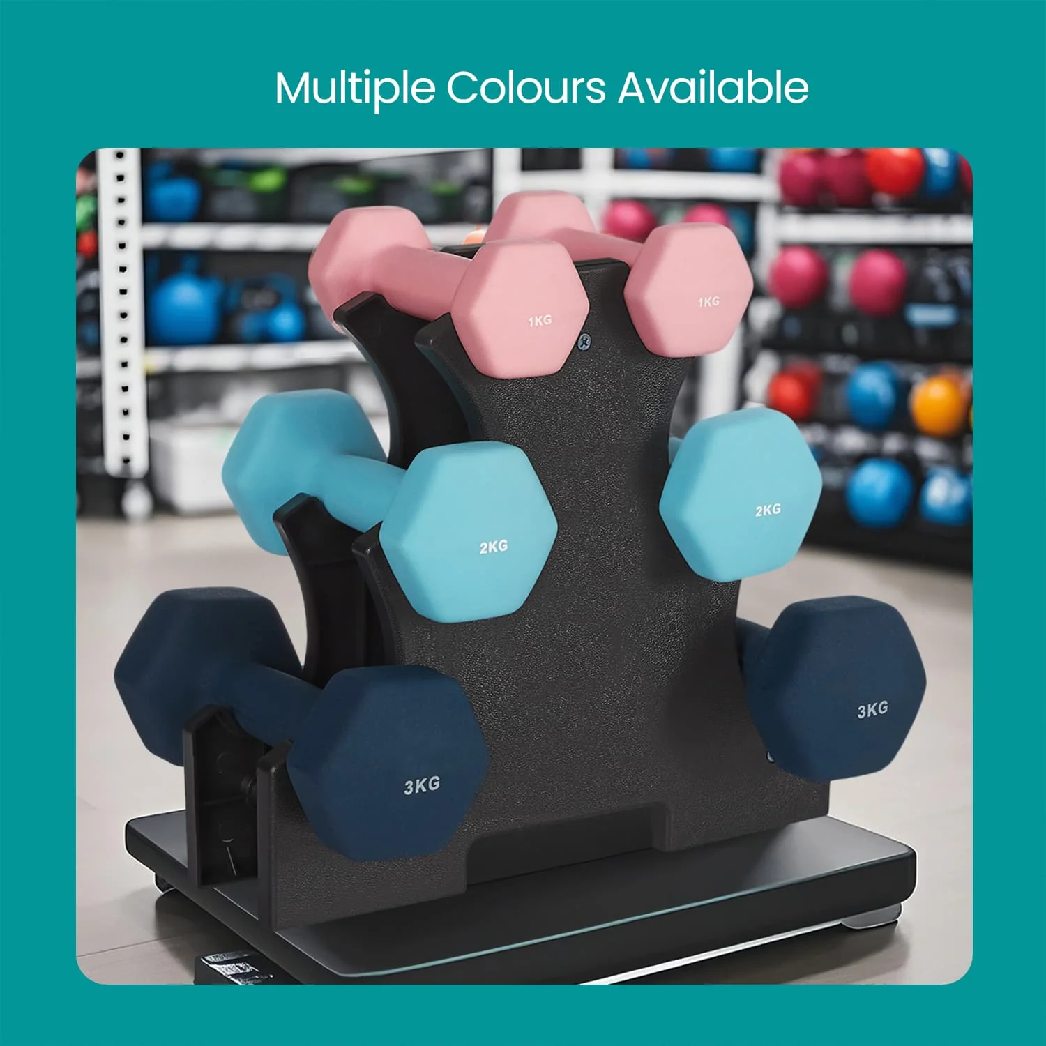 SONGMICS Dumbbells Set with Stand, Neoprene Hex Dumbbells, Pink + Aqua + Blue