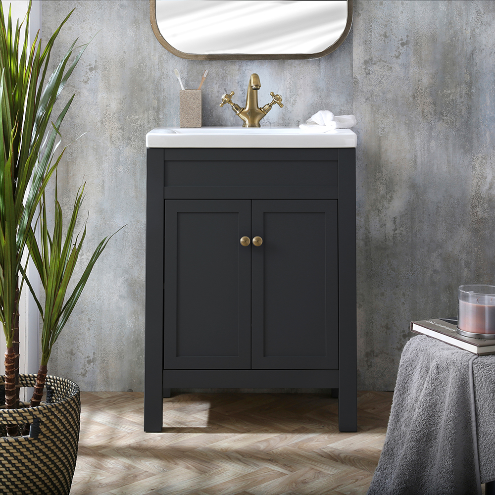 HudsonReed Milano Aston - Black Grey 600mm Traditional Vanity Unit with Basin and Aged Gold Classic Round Handles