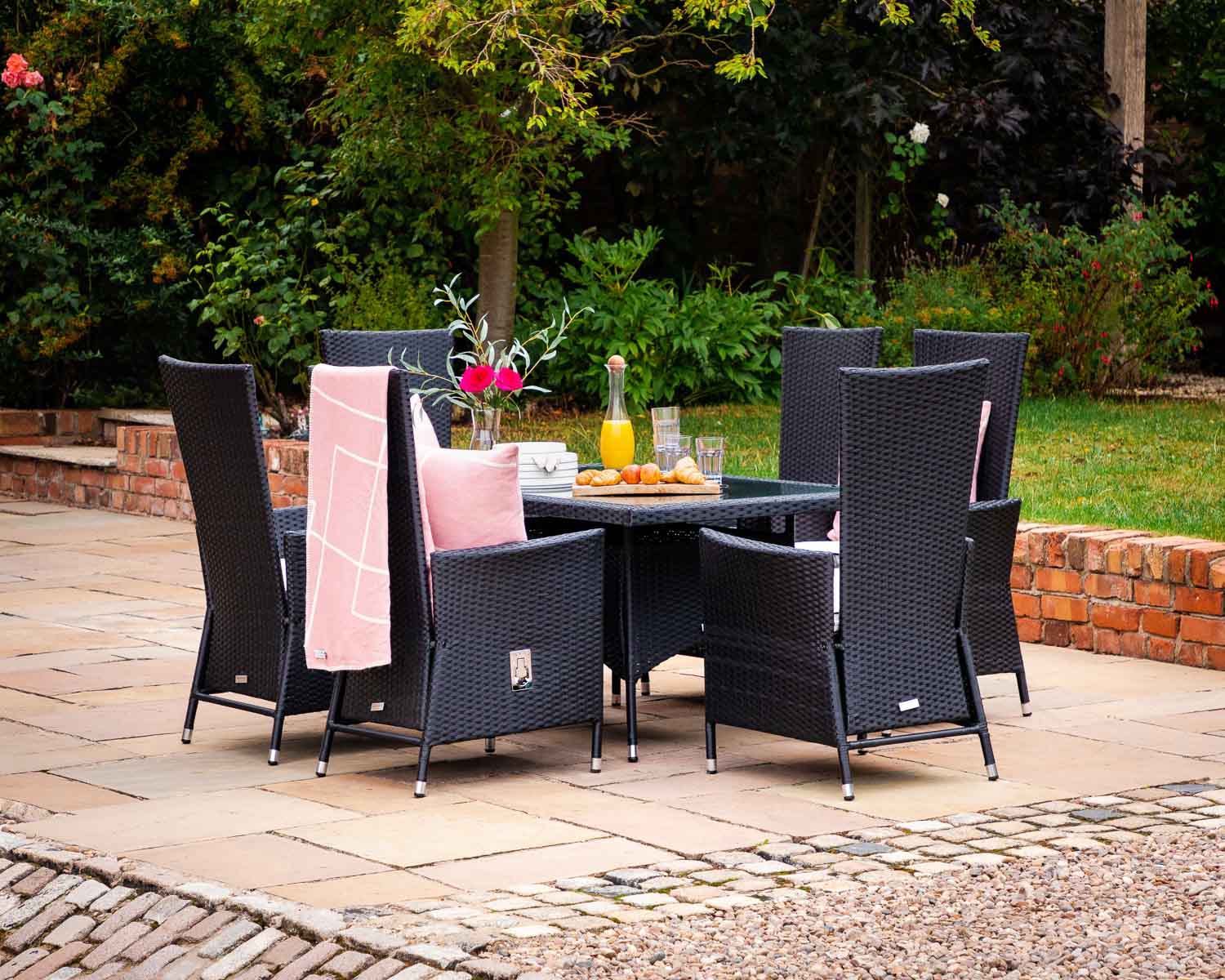 Cambridge 6 Reclining Chairs and Small Rectangular Dining Table Set in Black and Vanilla