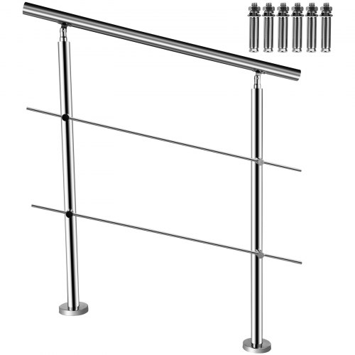  Stainless Stair Handrail with 2 Cross Bars Hand Rails for Steps 39.4" Long 201 Stainless Steel Handrail Floor Mount Garden Handrail Easy Install