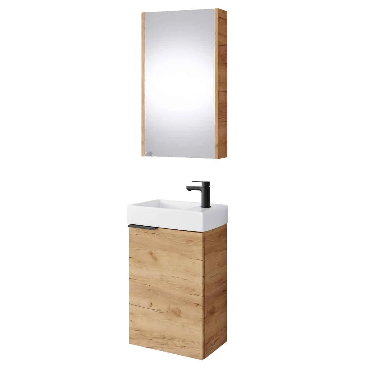 Impact Furniture Bathroom Furniture Set 400Mm Vanity Unit Sink Basin Mirror Cabinet Small Wall Hung Gold Craft Oak Effect &#150; Avir
