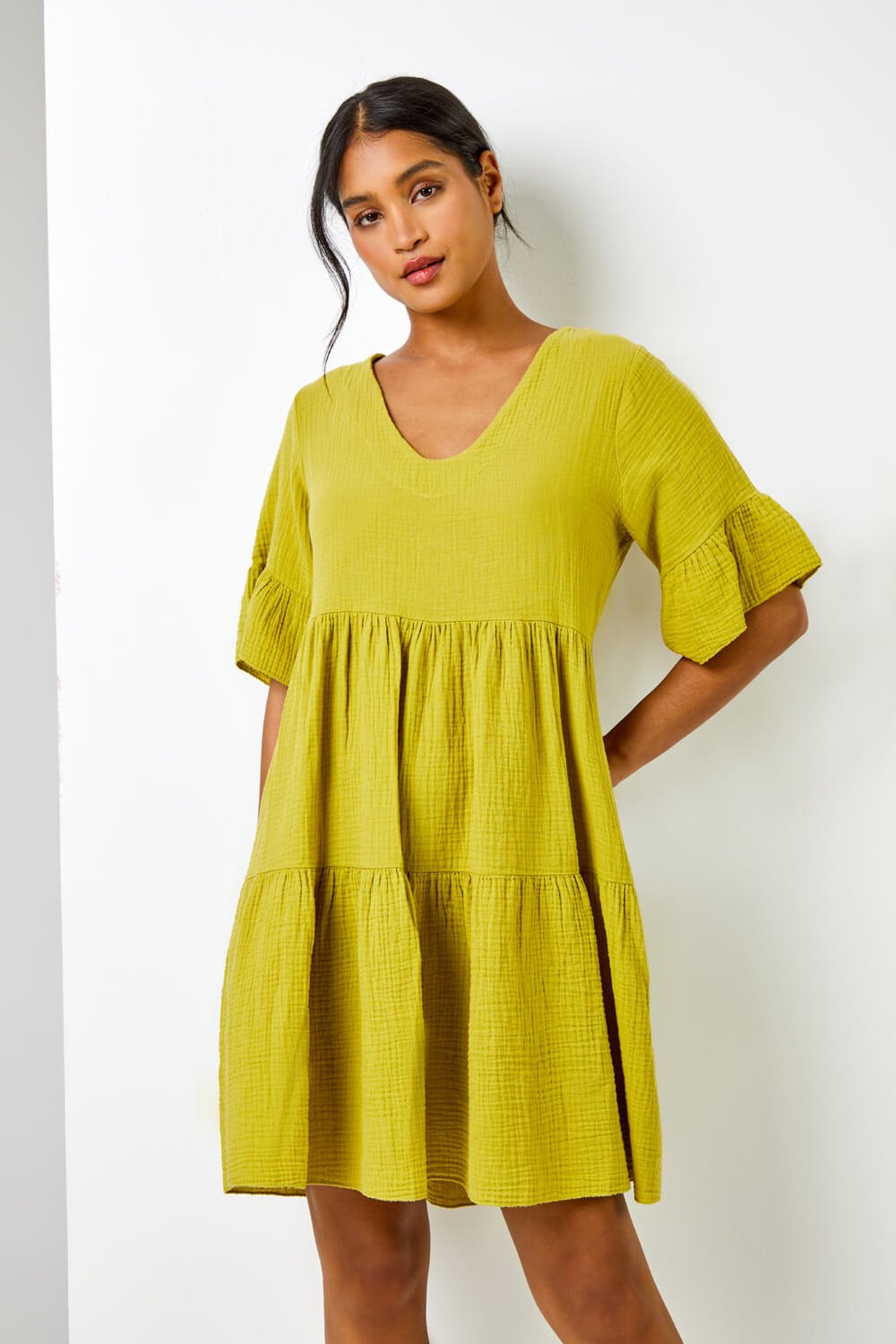Roman Originals Textured Tiered Smock Dress in Pea Green