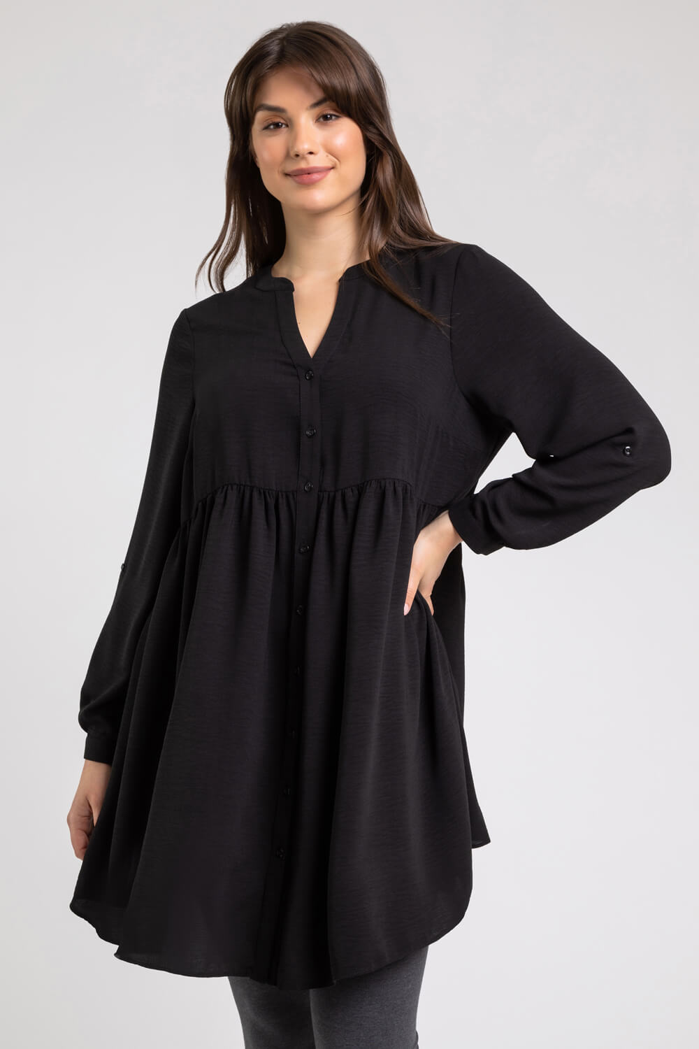 Roman Originals Curve Plain Button Through Tunic in Black