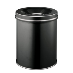 Durable Waste Basket Safe Round 15L Black Flip Steel Waste Bin