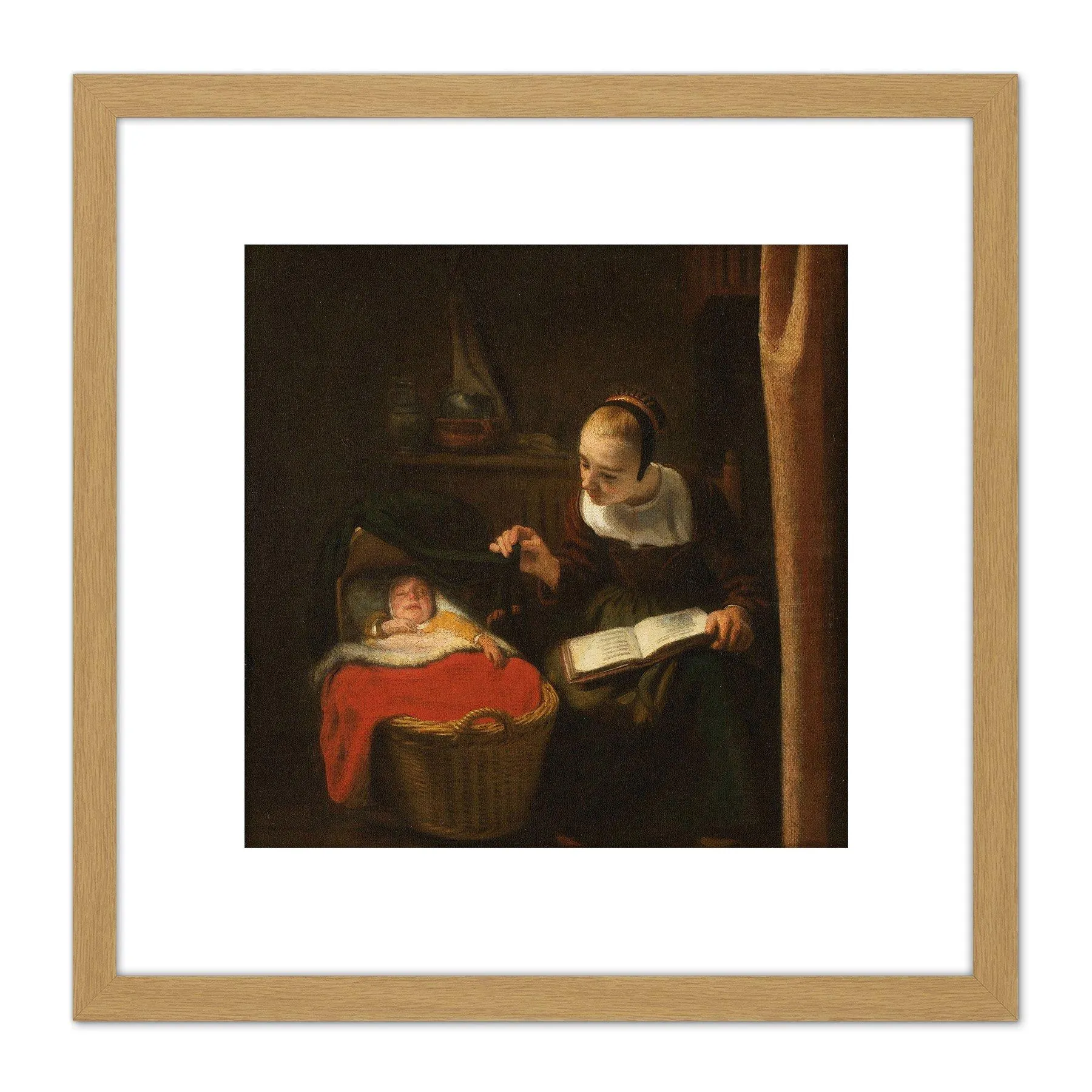 Artery8 Nicolaes Maes Young Woman Cradle Child Painting 8X8 Inch Square Wooden Framed Wall Art Print Picture with Mount