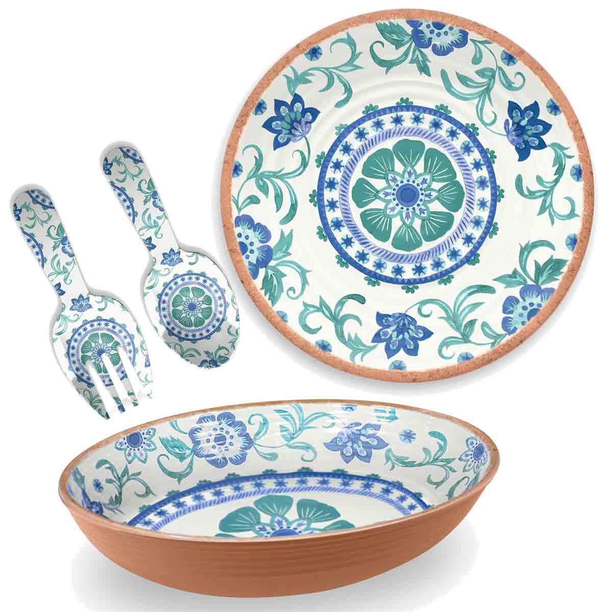  Turquoise Floral 3 Piece Serving Platter&#44; Bowl &#38; Servers Set