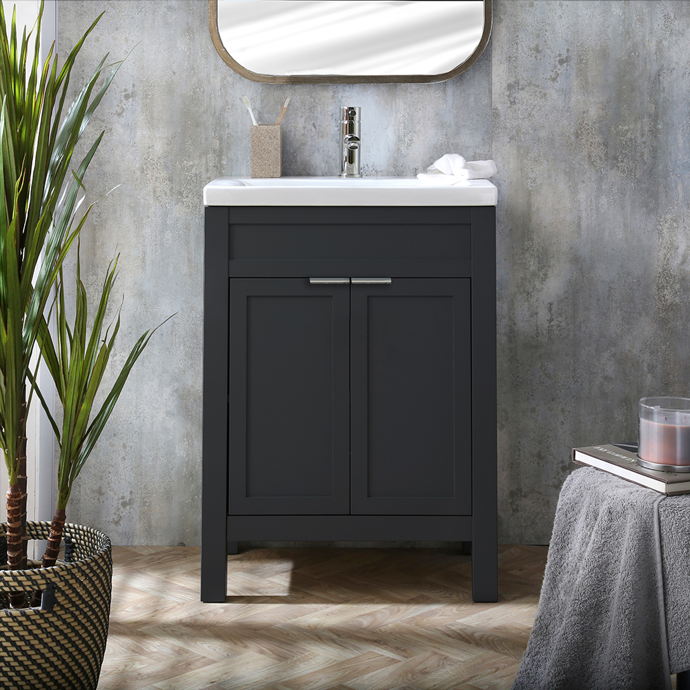 HudsonReed Milano Aston - Black Grey 600mm Traditional Vanity Unit with Basin and Chrome Modern Finger Pull Handles