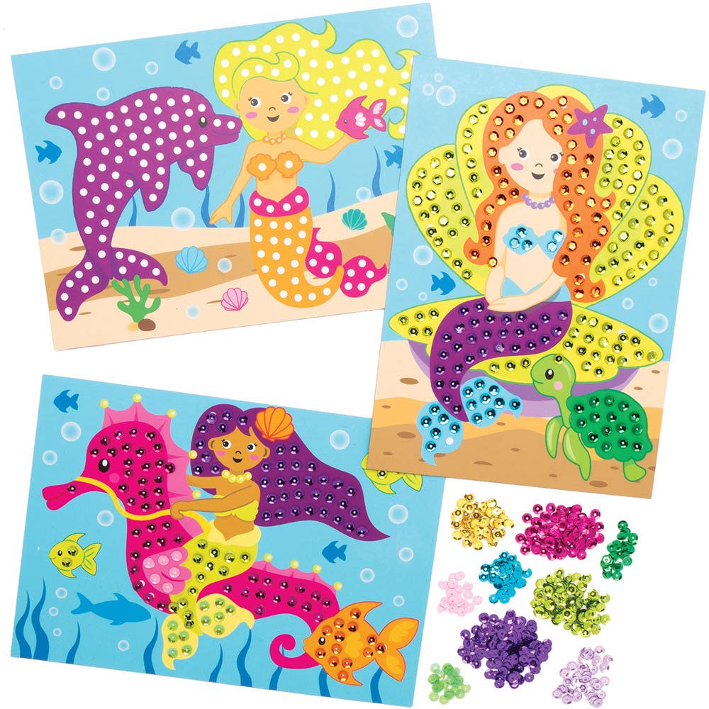 Baker Ross Mermaid Sequin Art Kits - 4 Sequin Pictures In Assorted Designs. Sequin Craft. Size 15cm x 21cm.