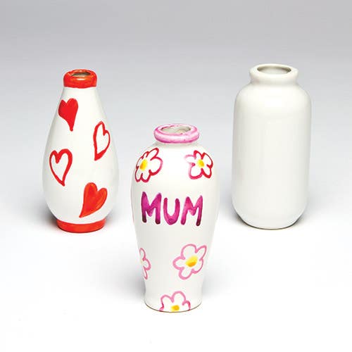 Baker Ross Mini Ceramic Vases - 6 Miniature White Porcelain Vases to decorate. 10cm high. 3 assorted shapes.