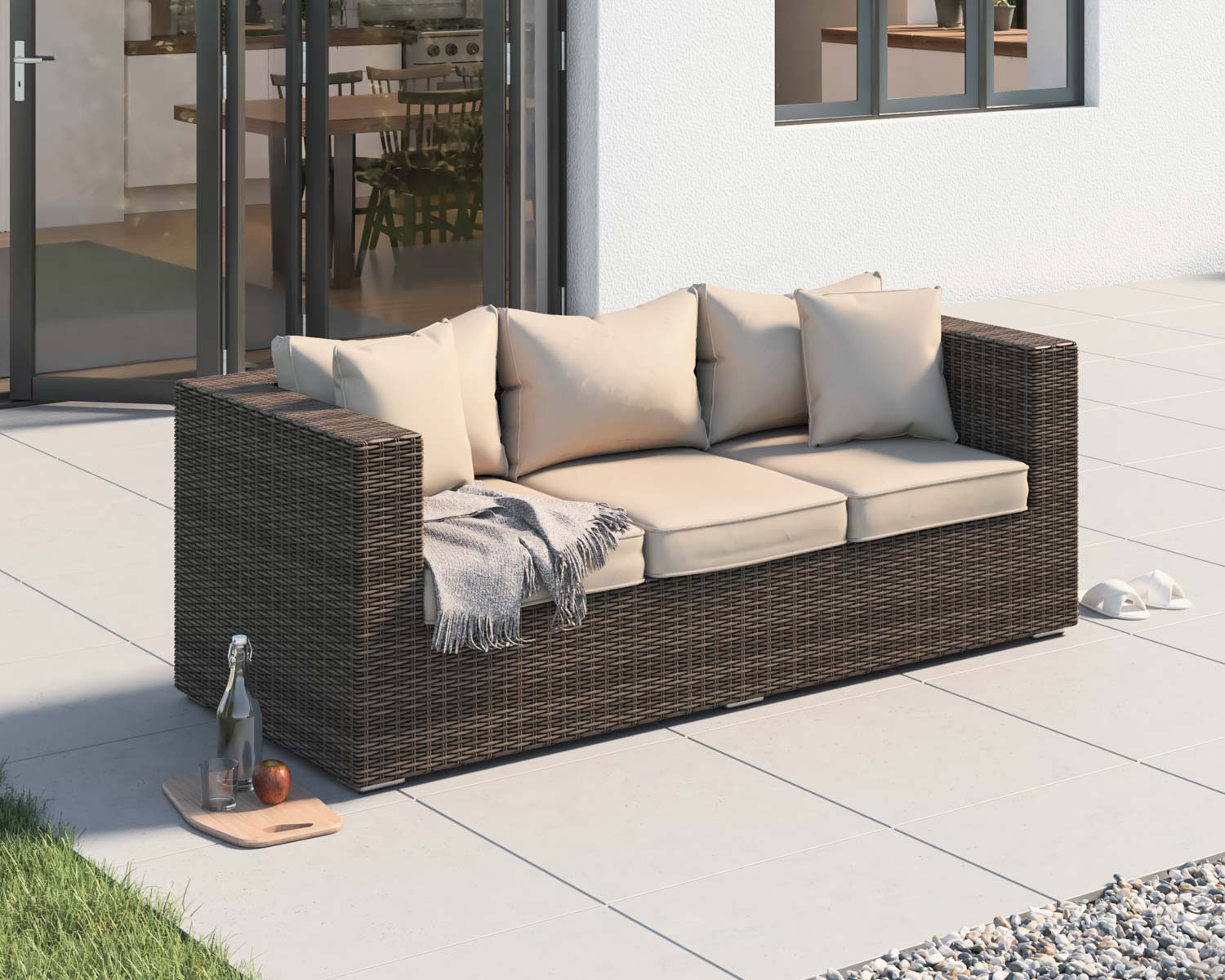 Ascot 3 Seat Rattan Garden Sofa in Premium Truffle Brown and Champagne