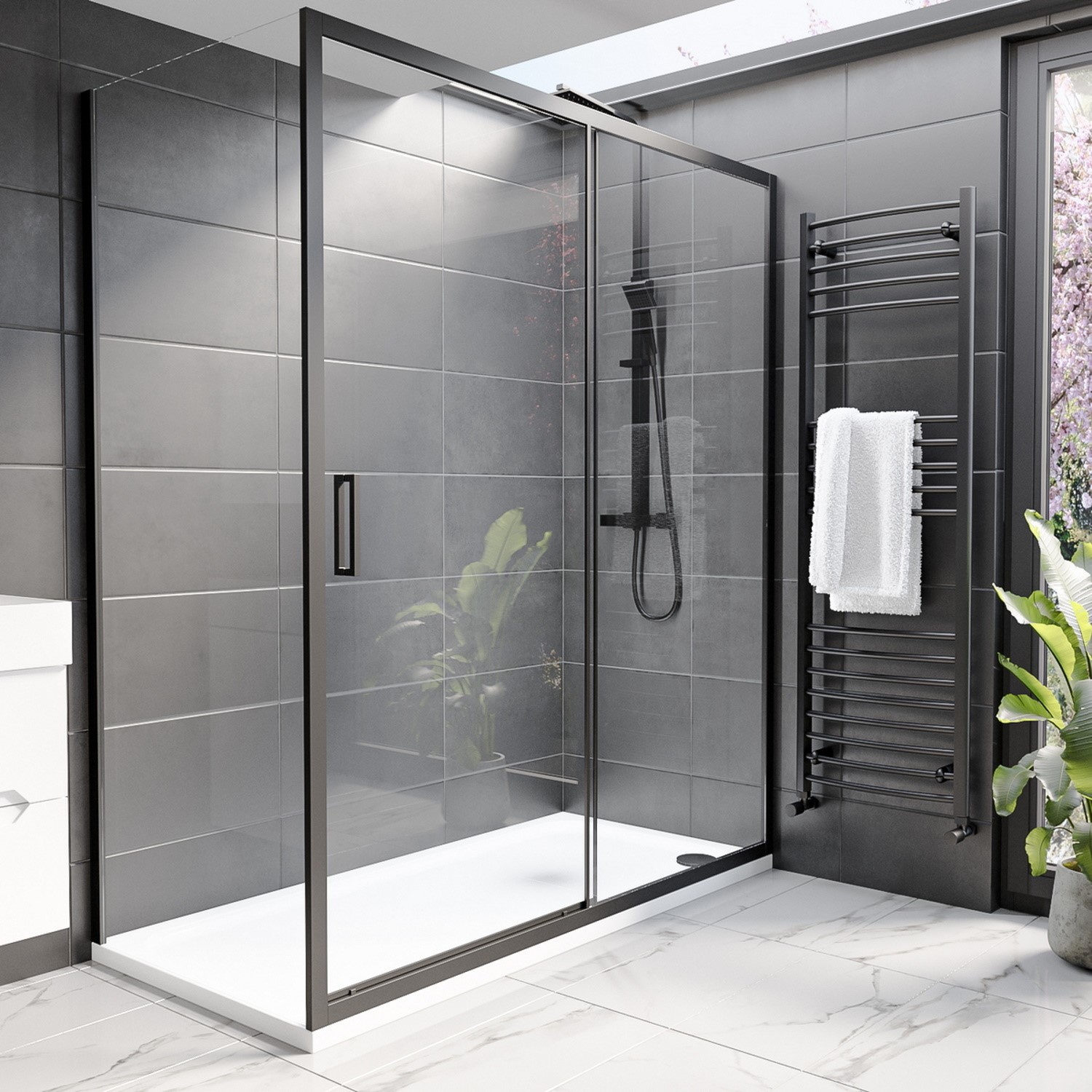 Pavo 1700x800mm Black Rectangular Sliding Shower Enclosure with Shower Tray -