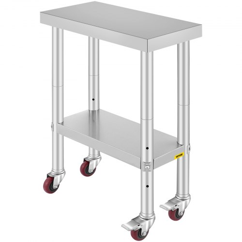 VEVOR Stainless Steel Catering Work Table 12x24 Inch Commercial Work Table with 4 Wheels Commercial Food Prep Workbench with Flexible Adjustment Shelf
