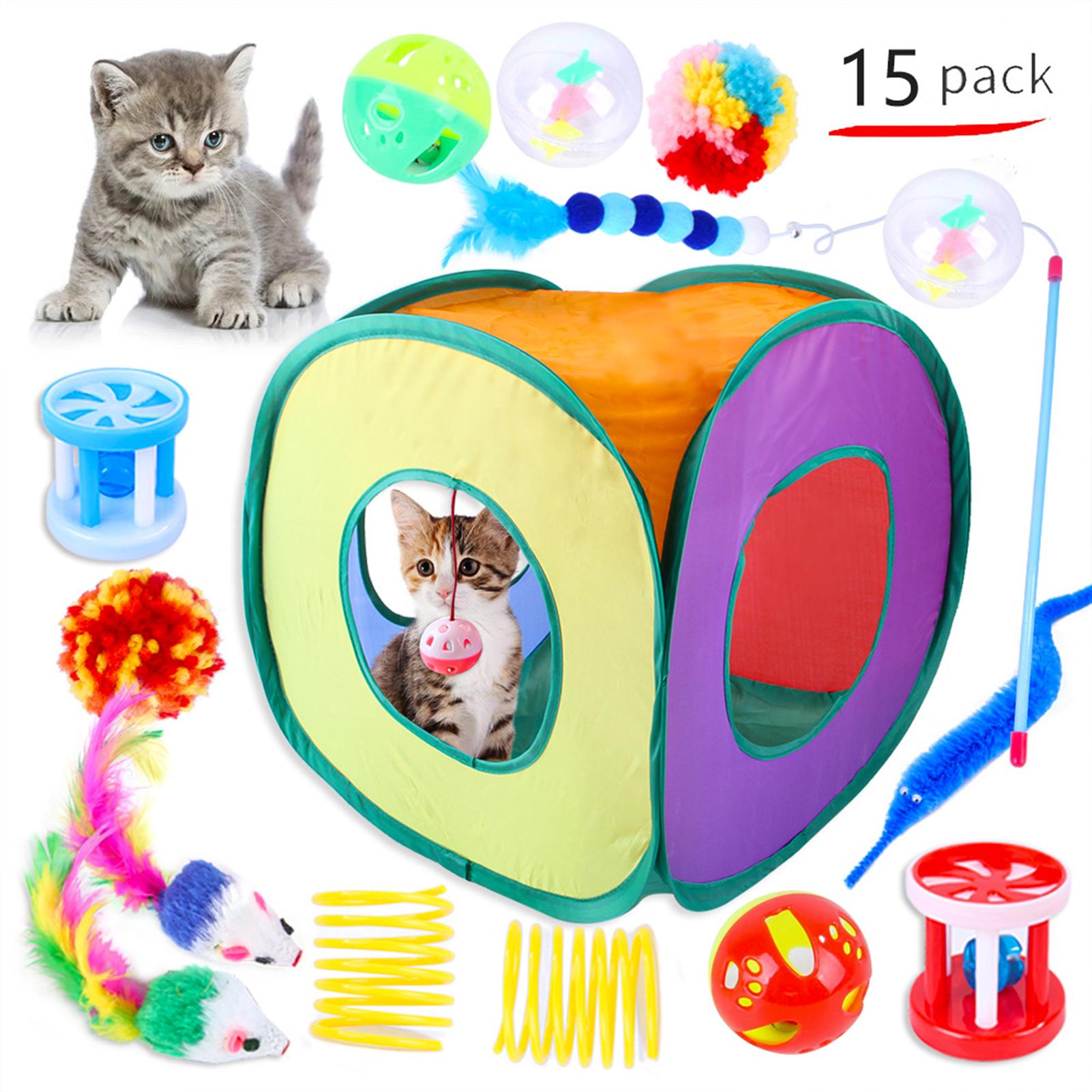 TOMTOP JMS Cat Toys 15PCS Kitten Toys Set Interactive Cat Toys for Indoor Cats With Collapsible Cat Tent multicolour