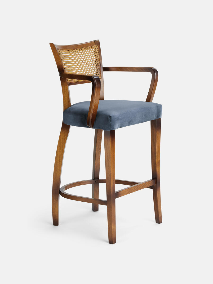 Soho Home Molina Barstool, Cane Back, Velvet Grey Blue