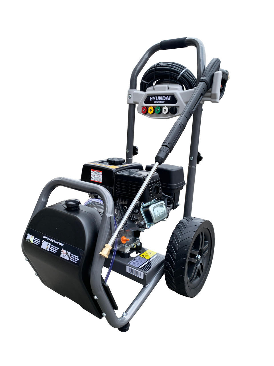Hyundai 210cc 3400psi Petrol High-Pressure Washer, 5 Nozzle Attachments, Axial Pump, 10m Hose & 5L Detergent Tank | HYW3400P