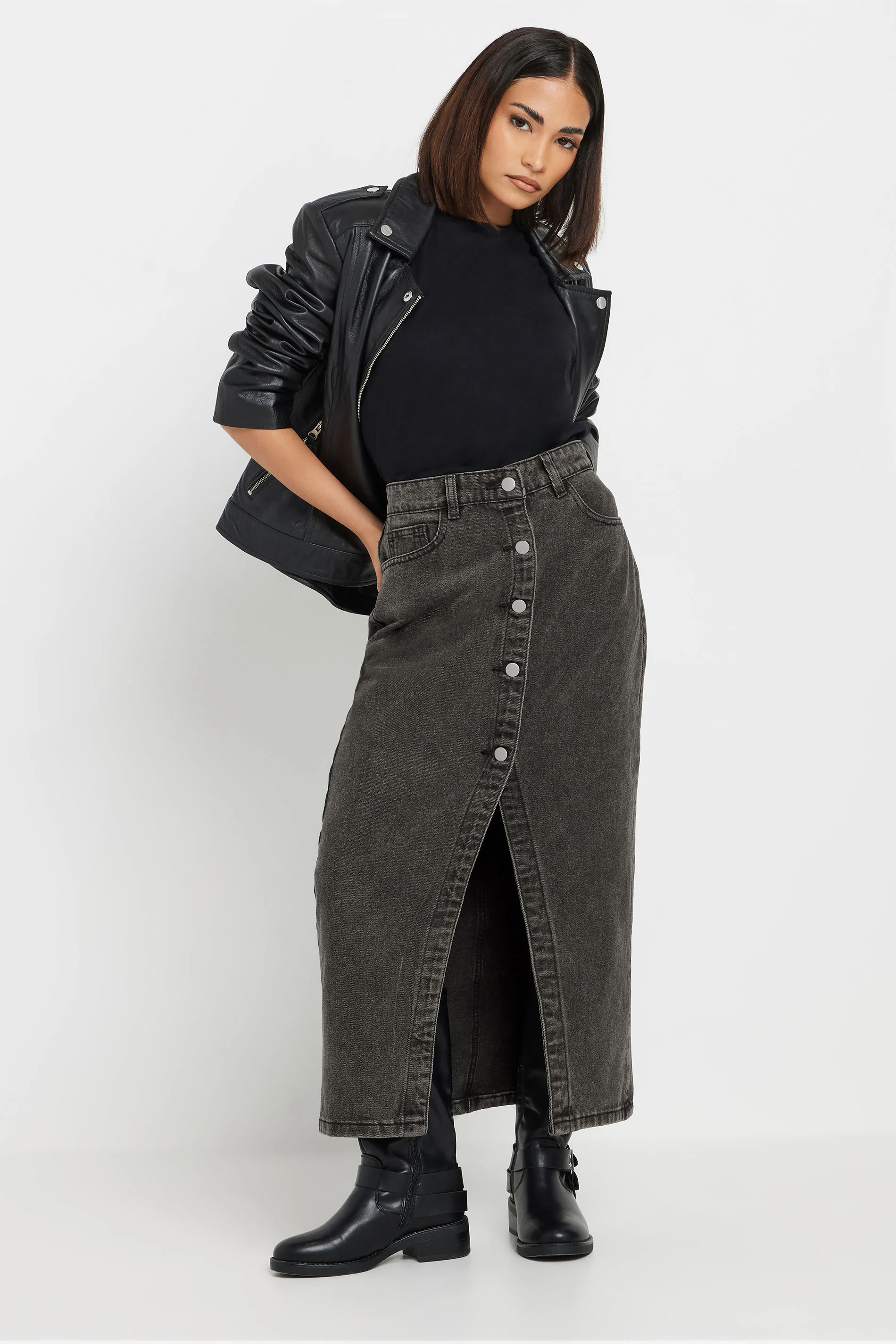PixieGirl Black Denim Button Midi Skirt 14 | Petite Women's Midi Skirts