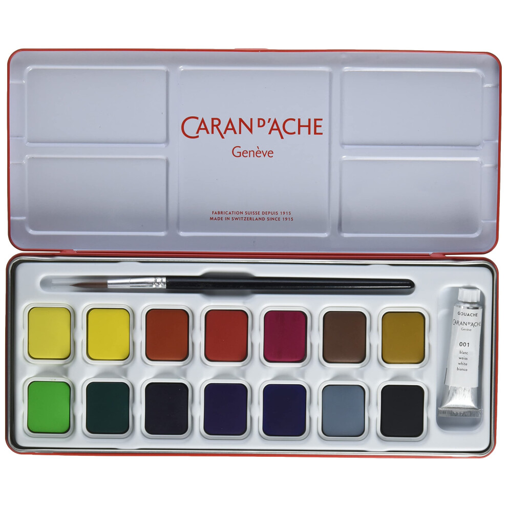 Caran D&#39;Ache Caran d'Ache Gouache Studio Tin with 14 Water-Based Pans, 1 x 10ml White Tube and 1 Brush