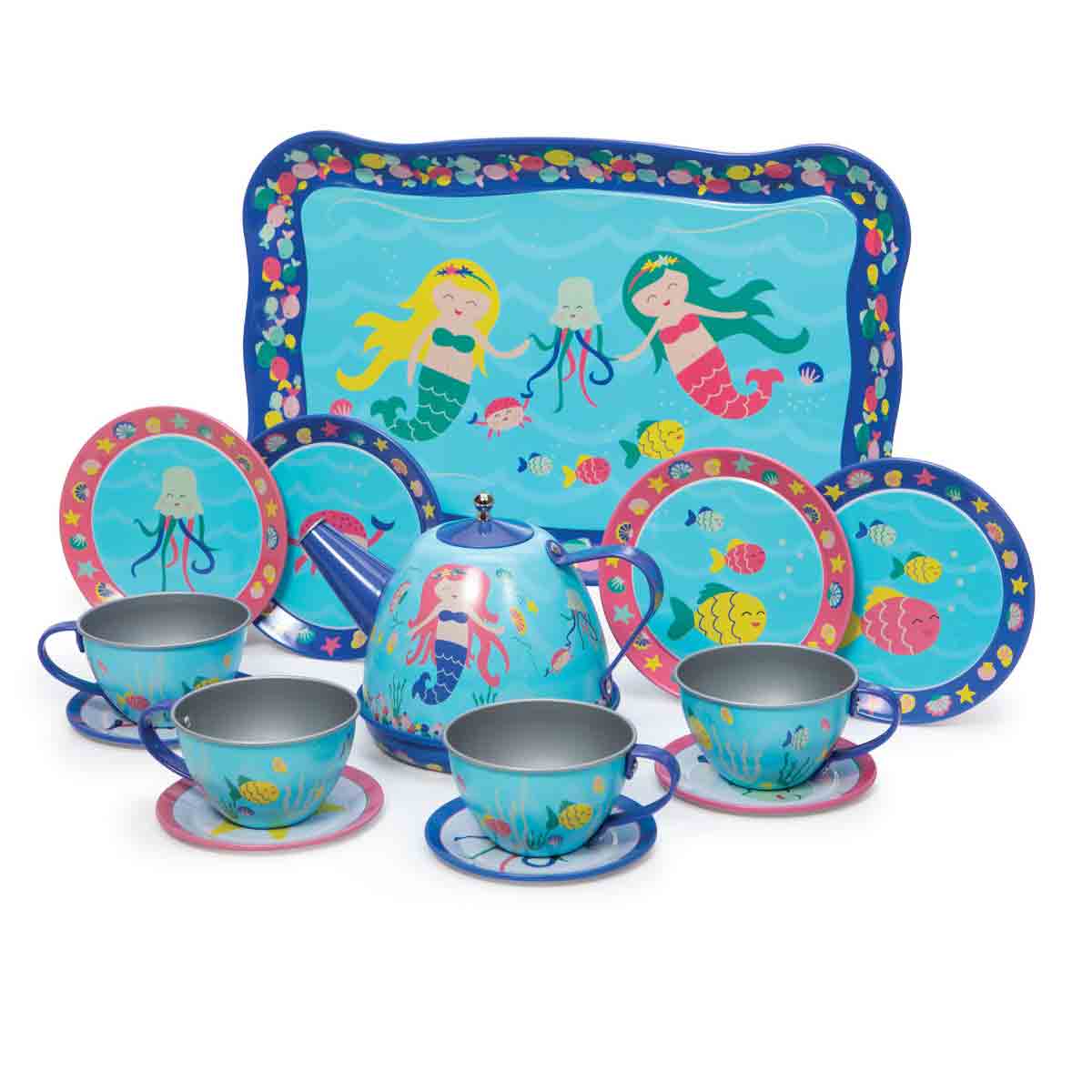 Schylling Mermaid Tin Tea Set|bright blue