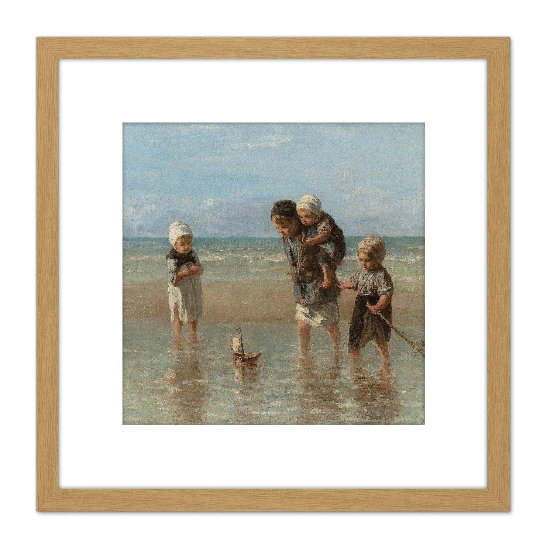 Artery8 Jozef Israels Children Of The Sea Bathing Painting 8X8 Inch Square Wooden Framed Wall Art Print Picture with Mount