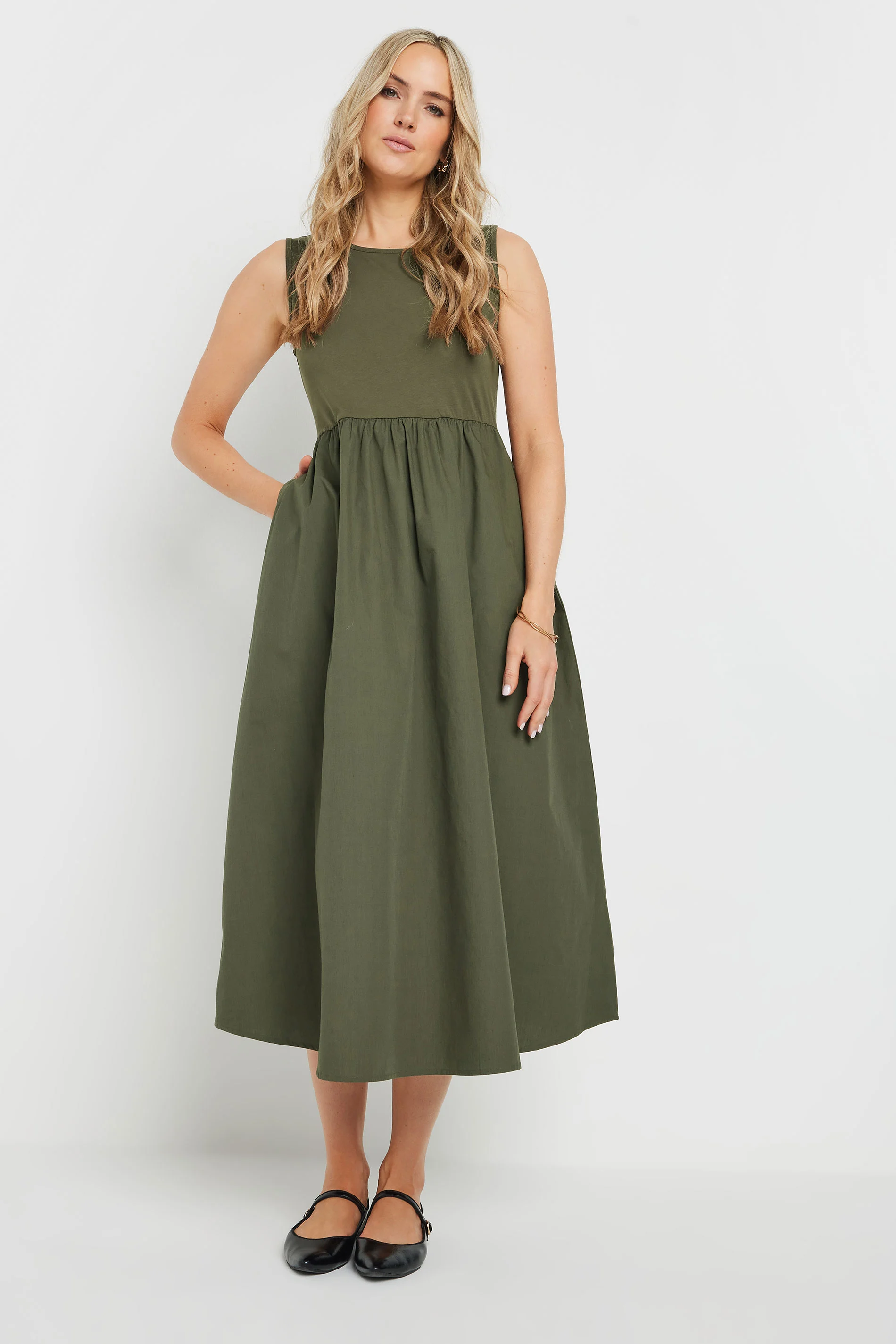  Tall Khaki Green Jersey & Woven Mix Fabric Midi Dress 16 | Tall Women's Jersey Dresses