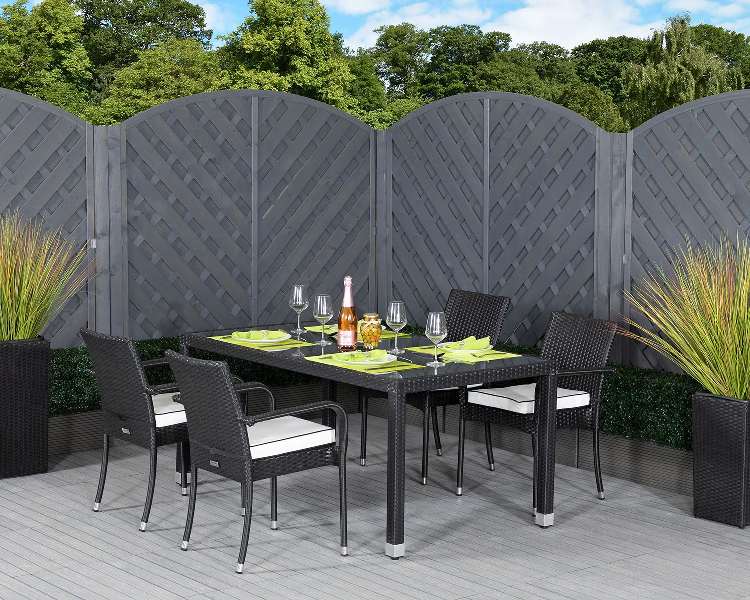 Roma 4 Rattan Garden Chairs and Open Leg Rectangular Table Set in Black and Vanilla