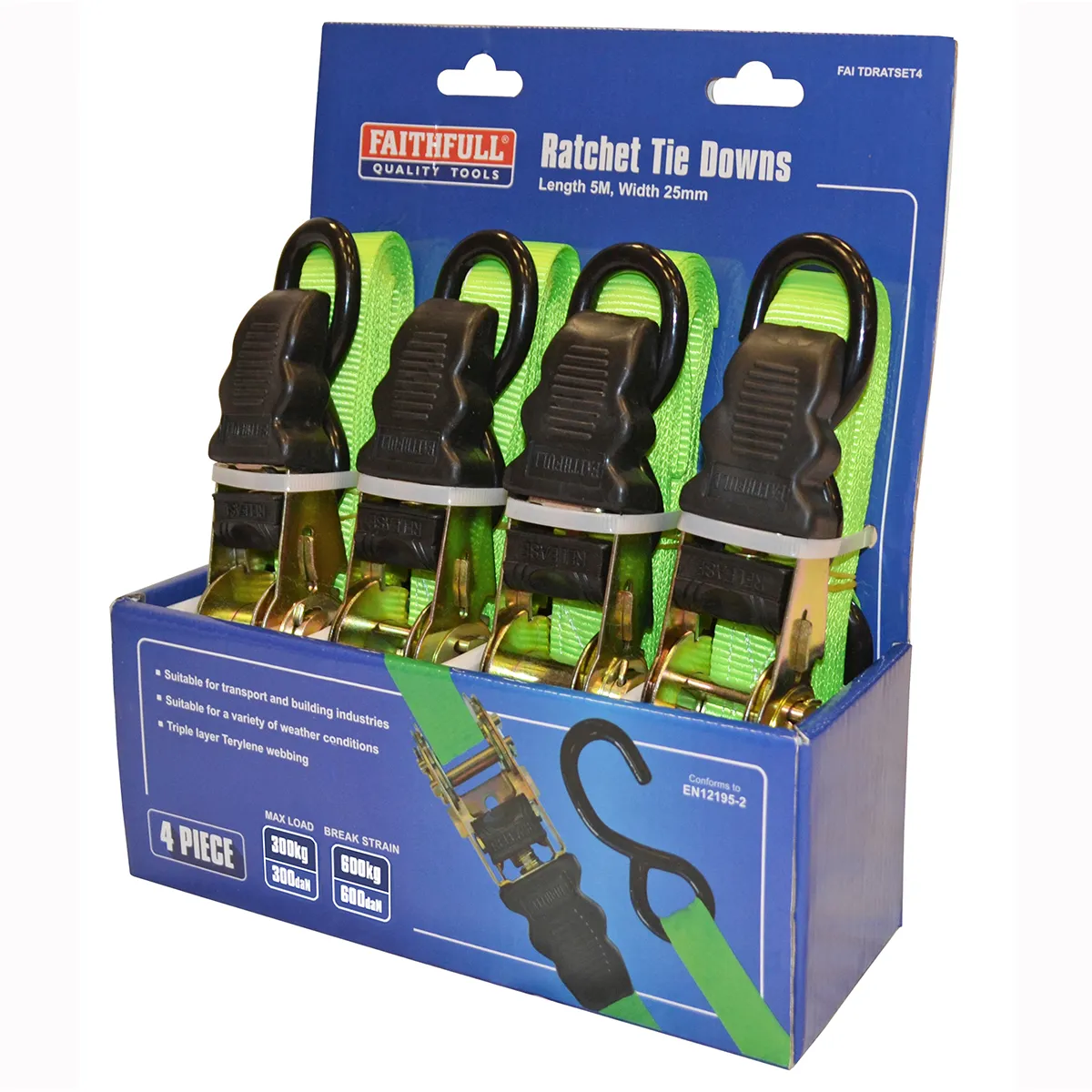 Faithfull Ratchet Tie-downs 5m X 25mm Green 4 Piece Faitdratset4