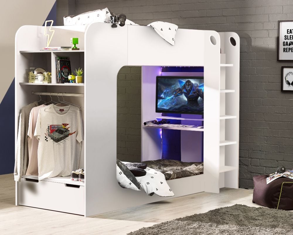 Happy Beds Impact - Single - Gaming Bunk Bed - White - Wood - 3ft