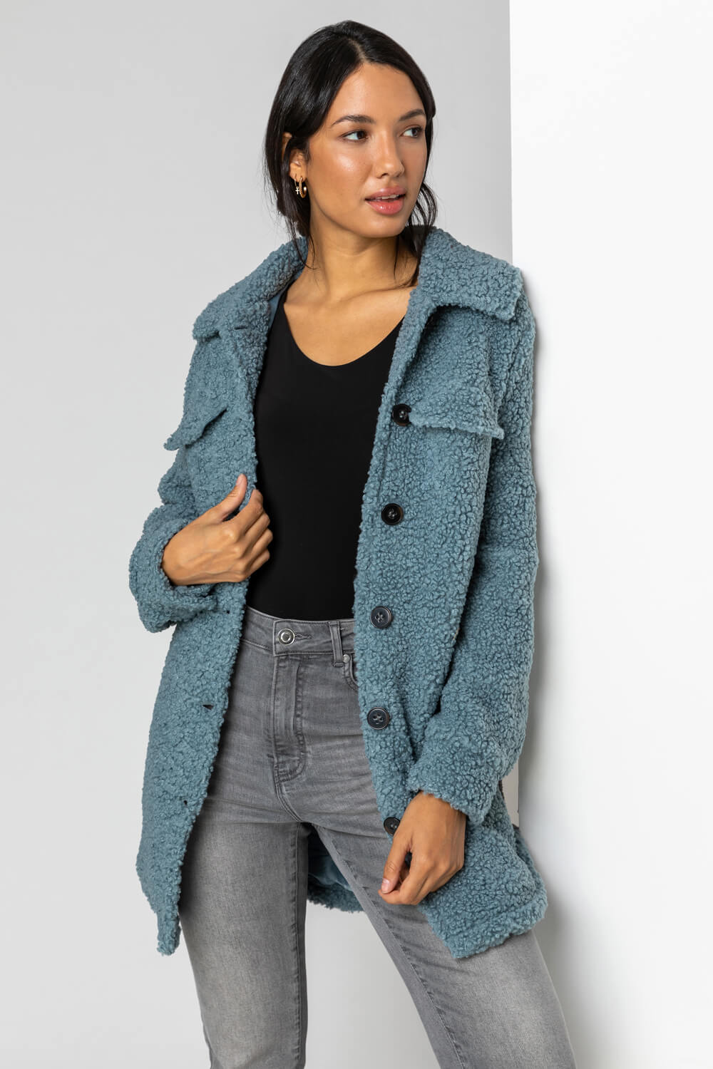 Roman Women's Faux Fur Teddy Shacket Coat|Size: 10|mid blue