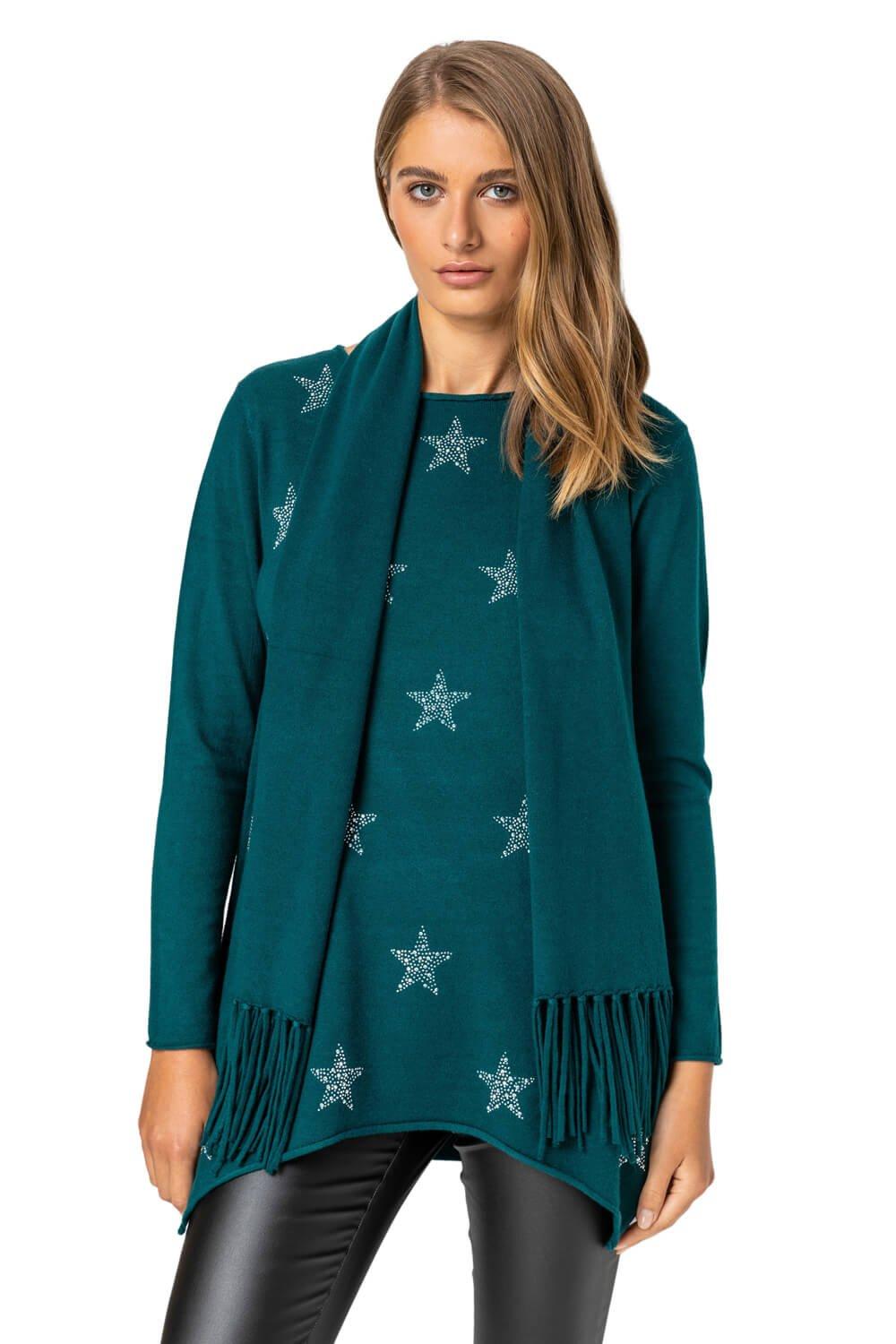 Roman Originals Star Print Knitted Tunic with Tassel Scarf in Teal