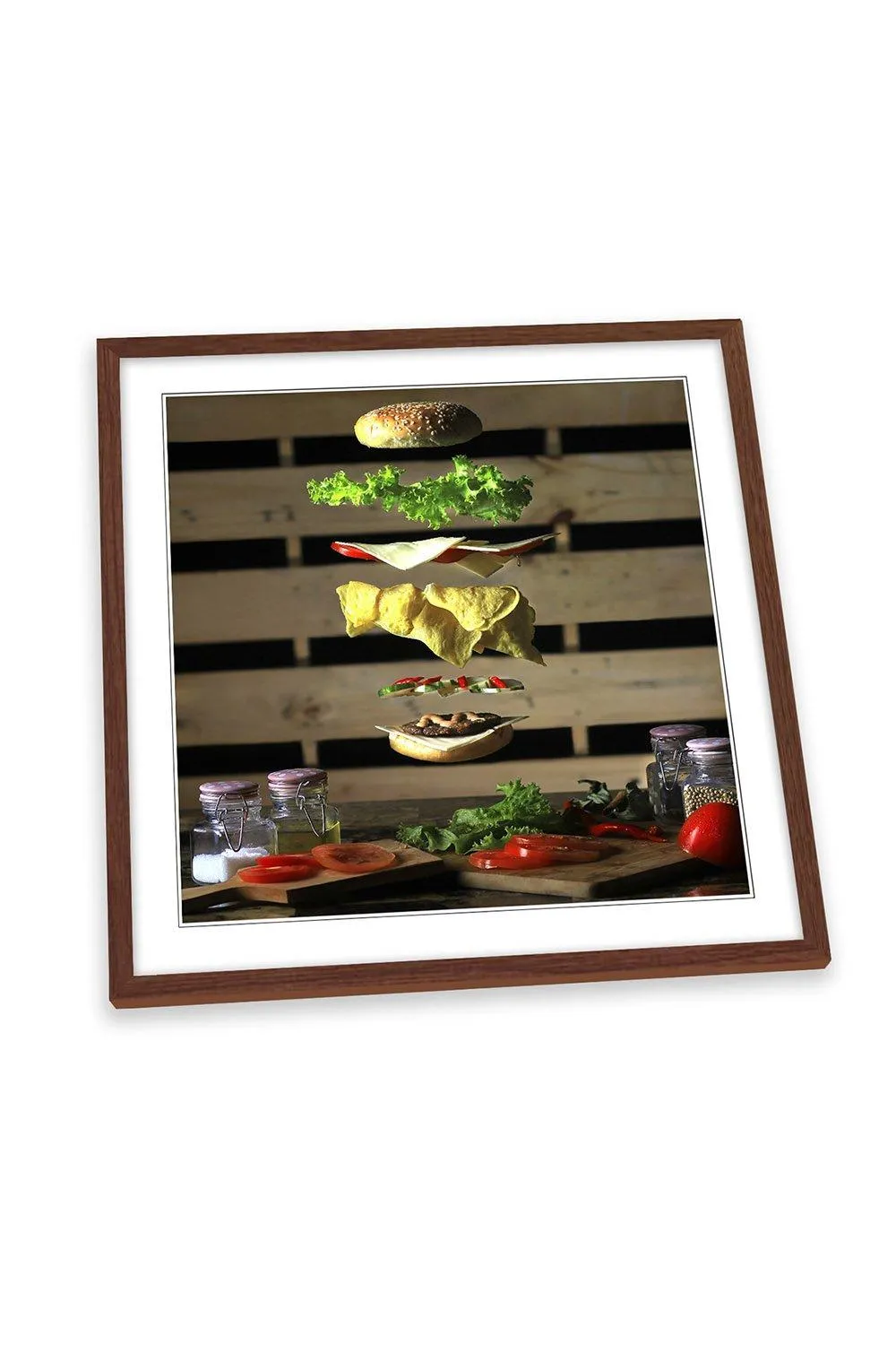 CanvasGeeks Flying Hamburger Ingredients Kitchen Framed Art Print Picture Square Wall Artwork - (H)25cm x (W)25cm|walnut