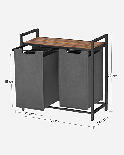 SONGMICS VASAGLE Laundry Basket, 2-Compartment Laundry Hamper, Oxford Fabric, Pull-Out and Removable Washing Bags, Metal Frame, 2 x 46L, 73 x 33 x 72 cm, Rustic Brown and Grey BLH201G01